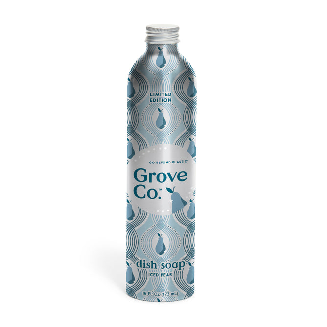 A metal bottle of Grove Co. Dish Soap Refill - Winter Collection in Iced Pear scent, featuring a blue and white geometric pattern and modern text on the label.