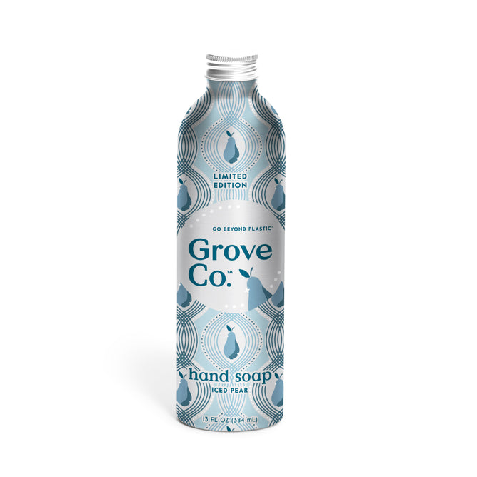 A 13 fl oz (384 ml) metallic bottle of Grove Co. Hand Soap Refill - Winter Collection, featuring a blue and white geometric design with pears, 