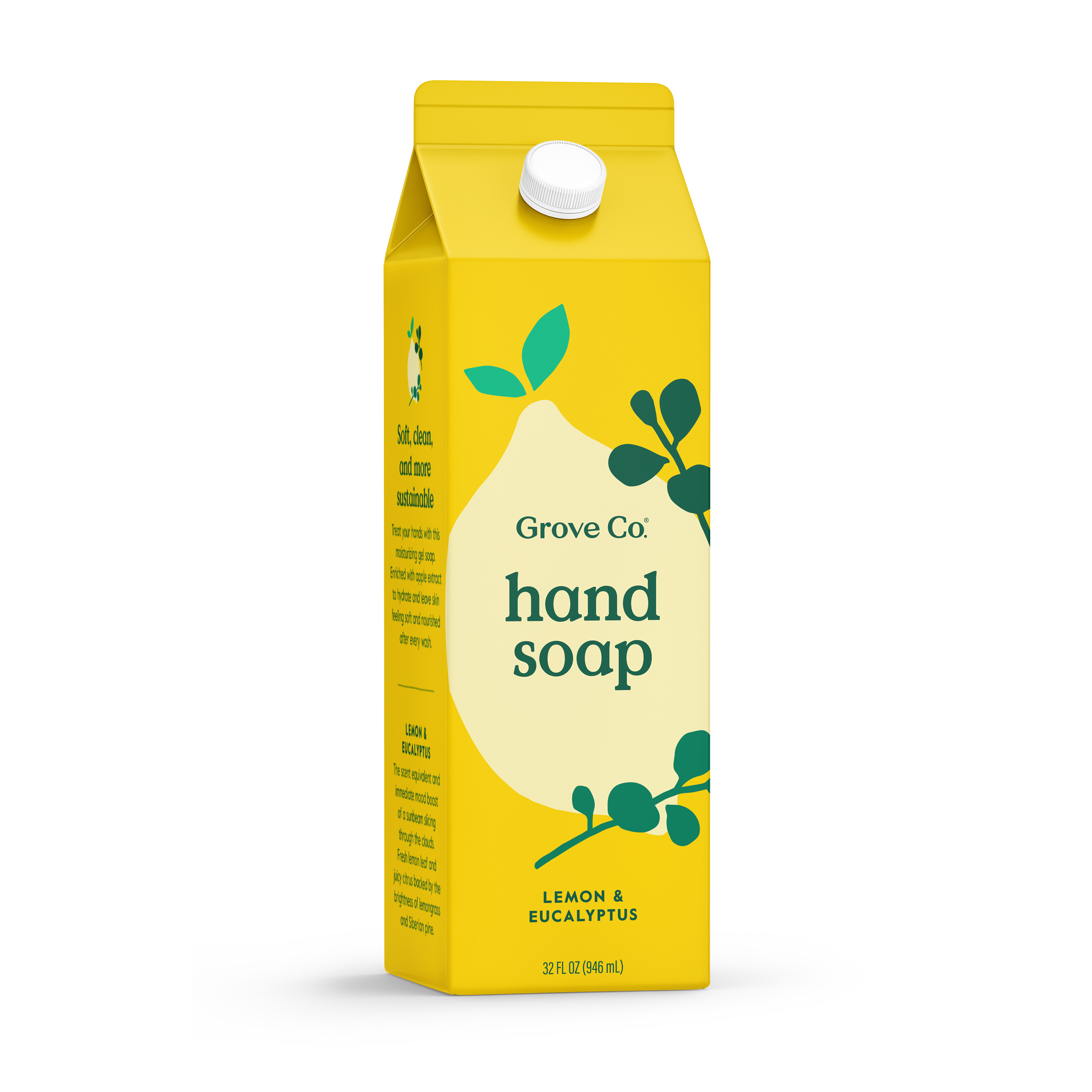 A yellow carton labeled Grove Collaborative features Grove Co. Hand Soap – Hydrates & Moisturizes With Every Wash, scented with lemon and eucalyptus. The milk carton-style package with green leaves and white text is a recyclable soap refill.