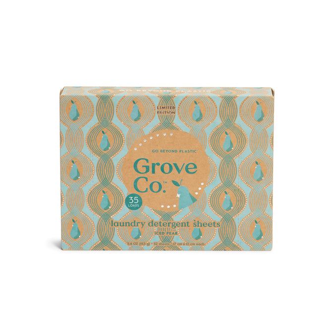 A box of Grove Co. Laundry Detergent Sheets - Winter Collection features a tan and teal design. The front displays “Grove Co.” and “Laundry Detergent Sheets,” with “35 loads” in a teal circle.
