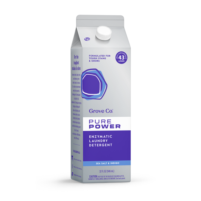A 32 fl oz carton of Grove Co. Pure Power Laundry Detergent—Tackles Tough Stains & Odors. Provides 43 loads and features an enzyme blend for stain and odor removal in the Sea Salt & Indigo scent.