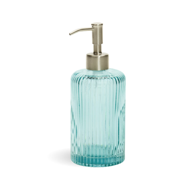 The Grove Co. Hand Soap Dispenser - Winter Collection features light blue ribbed glass with a silver pump, displayed on a white background.