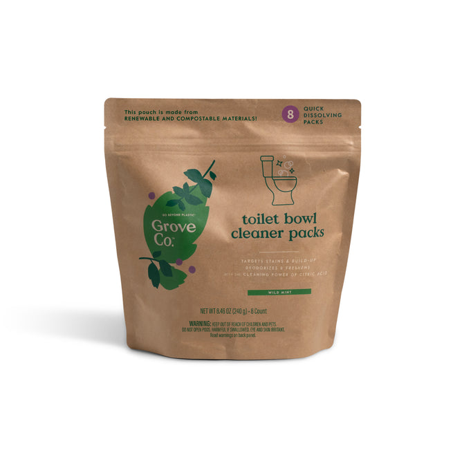 A brown compostable Grove Co. pouch labeled “Toilet Bowl Cleaner Pods – Wild Mint” with a green leaf design. Contains 8 quick-dissolving, mint-scented pods made from renewable, eco-friendly materials; also removes hard water stains.