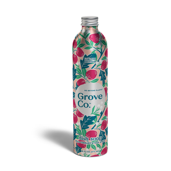 A limited edition Grove Co. Dish Soap Refill - Fall Collection in recyclable aluminum features pink and green floral and fruit designs, a silver cap, and Red Currant & Goji Berry scent—perfect for fall.
