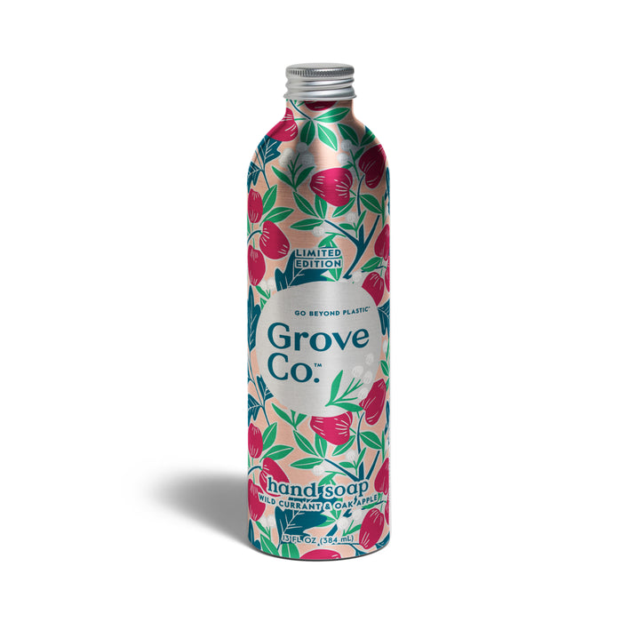 Grove Co. Hand Soap Refill - Fall Collection comes in a recyclable metallic aluminum bottle with wild currant and cava flower scent, colorful red and green floral design, and is labeled as a limited edition.