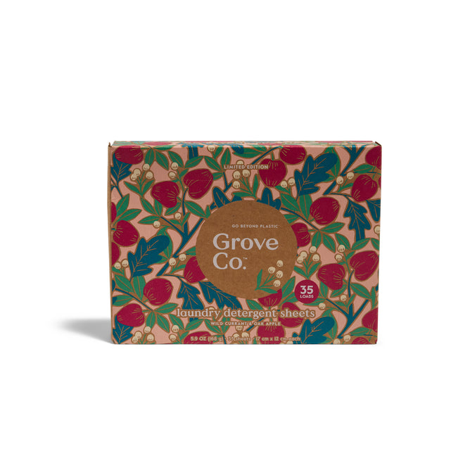 A box of Grove Co. Laundry Sheets - Fall Collection in floral-themed brown packaging, featuring 35 plastic-free, pre-measured sheets for odor and grime removal, marked as a limited edition.