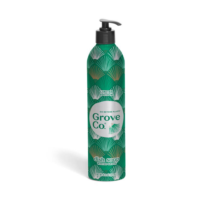 A tall green Grove Co. Dish Soap Refill + Pump from the Winter Collection, featuring a black pump, white and green geometric leaf design, 60% Beyond Plastic label, and scented with Winter Cypress.