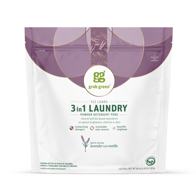A white and purple bag of grab green 3 in 1 Laundry Detergent Pods - Lavender with Vanilla, offering 132 loads, natural ingredients, no harsh chemicals, and a built-in stain remover for effective cleaning.