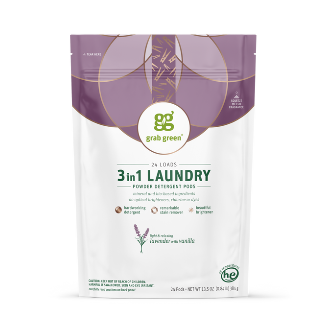 Grab green 3 in 1 Laundry Detergent Pods - Lavender with Vanilla features 24 pods per pack, uses mineral and bio-based ingredients, and is effective, eco-friendly, and a powerful stain remover.