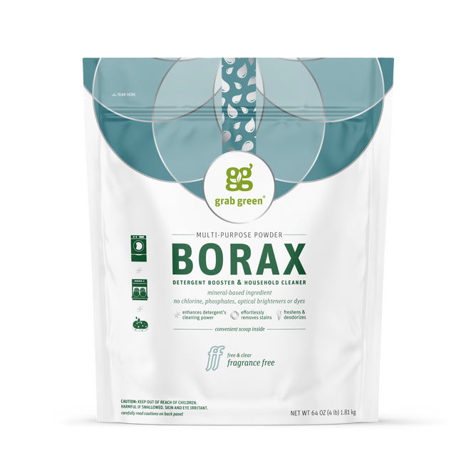 A resealable white and teal bag of grab green Borax, labeled as a fragrance-free multi-purpose cleaner and detergent booster, features icons showing its various household uses.