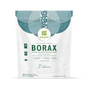 A resealable white and teal bag of grab green Borax, labeled as a fragrance-free multi-purpose cleaner and detergent booster, features icons showing its various household uses.