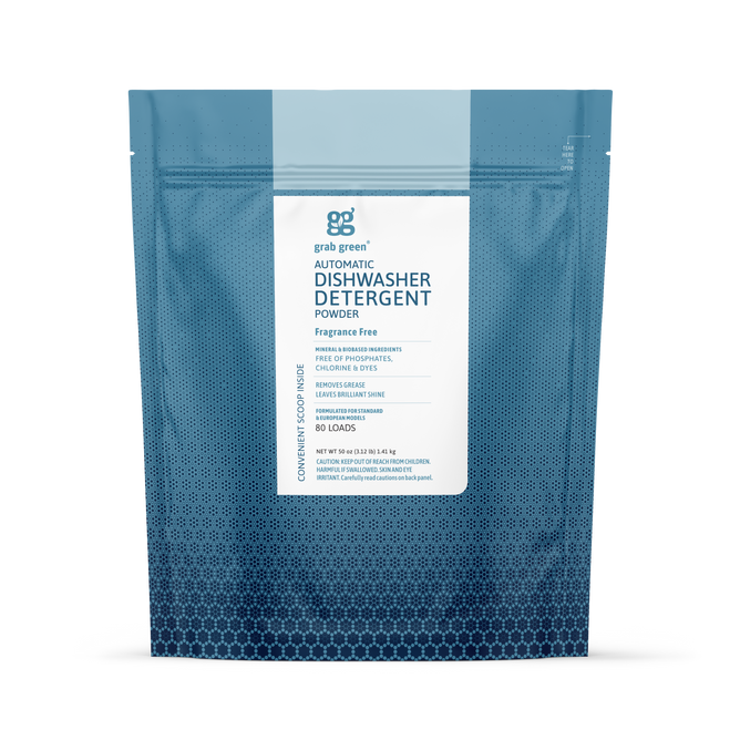 Blue and white resealable pouch of grab green Automatic Dishwashing Detergent Powder - Fragrance Free (Coming Soon!), for 60 loads. Features geometric pattern, clear labeling, and delivers spot-free dishes with powerful grease removal.