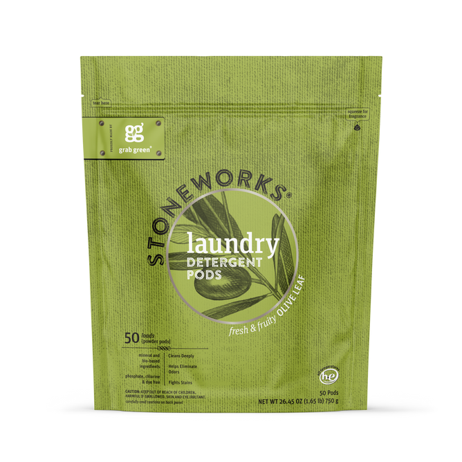 A green resealable pouch of grab green Stoneworks Laundry Detergent Pods - Olive Leaf features leaf illustrations, contains 50 pods, highlights eco-friendly benefits, and effectively neutralizes odors with a fresh, fruity olive leaf scent.
