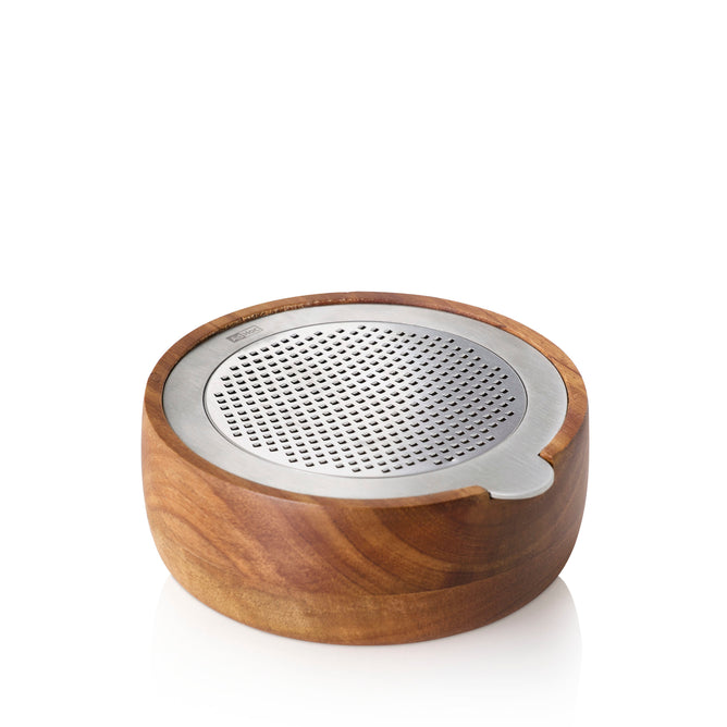 The AdHoc Cut'N Serve Fine Round Grater features an acacia wood bowl with a stainless steel photo-etched grater insert, ideal for cheese or garlic, shown on a white background.
