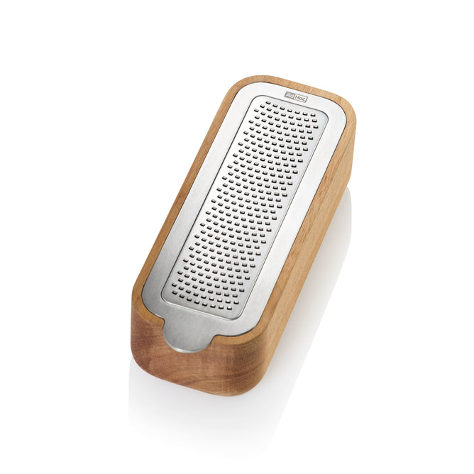 The AdHoc Cut'N Serve Fine Rectangle Grater features a stainless steel fine grating surface set in an acacia wood bowl, shown against a white background.