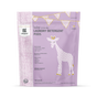 A pastel purple bag of grab green Baby Laundry Detergent Pods (5+ Months) features a giraffe and gold bunting, highlights the “dreamy rosewood” scent, is vegan, and suitable for babies 5+ months.