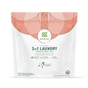A white pouch of grab green 3 in 1 Laundry Detergent Pods – Gardenia for 132 loads features plant-based ingredients, stain remover action, and has green text with a circular design at the top.