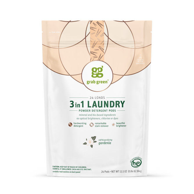 A package of grab green 3 in 1 Laundry Detergent Pods - Gardenia delivers 24 loads with biobased ingredients and acts as a detergent, stain remover, and brightener.