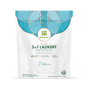 A white and blue bag of grab green 3 in 1 Laundry Detergent Pods - Fragrance Free sits upright, featuring 60 loads, strong stain removal, no harsh chemicals, and is suitable for high-efficiency machines.