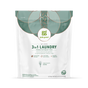 A white and green bag of grab green 3 in 1 Laundry Detergent Pods in Vetiver scent covers 60 loads; features natural ingredients, no optical brighteners, biodegradable pods, and delivers strong stain removal.