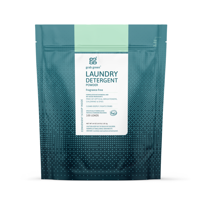 A teal and green resealable pouch of grab green 3 in 1 Laundry Detergent Powder - Fragrance Free delivers powerful cleaning for 100 loads, free of optical brighteners, chlorine, and dyes—safe for high-efficiency machines.