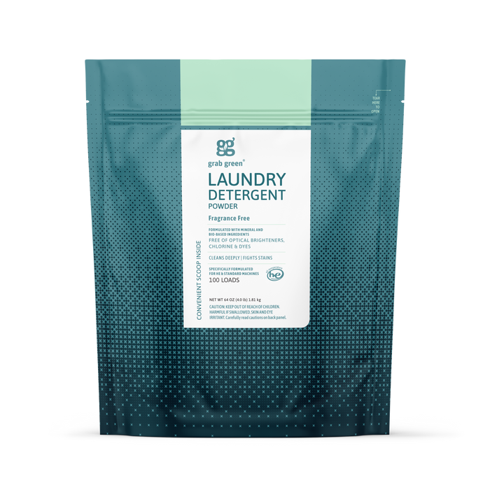 A teal and green resealable pouch of grab green 3 in 1 Laundry Detergent Powder - Fragrance Free delivers powerful cleaning for 100 loads, free of optical brighteners, chlorine, and dyes—safe for high-efficiency machines.