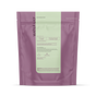A resealable pouch with a mauve bottom and light green top labeled 