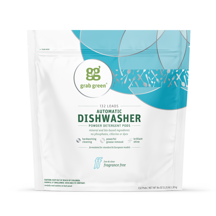 A white resealable bag of grab green Automatic Dishwasher Detergent Pods - Fragrance Free features blue and teal accents, covers 132 loads, and uses eco-friendly, plant-based ingredients for grease removal and spot-free dishes.