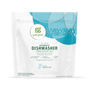 A white resealable bag of grab green Automatic Dishwasher Detergent Pods - Fragrance Free features blue and teal accents, covers 132 loads, and uses eco-friendly, plant-based ingredients for grease removal and spot-free dishes.