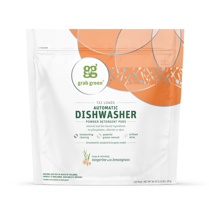 A white and orange pouch of grab green Automatic Dishwasher Detergent Pods - Tangerine with Lemongrass for 132 loads, made with eco-friendly, non-toxic ingredients for powerful grease removal and spot-free dishes.