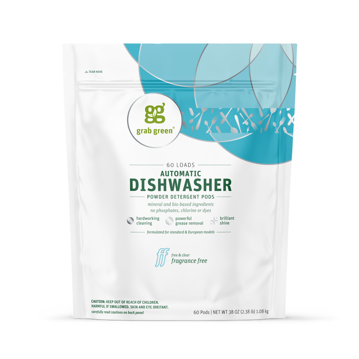 A white and teal pouch of grab green Automatic Dishwasher Detergent Pods - Fragrance Free for 60 loads, made with natural ingredients and no phosphates, featuring grease removal icons and promoting spot-free, shiny dishes.