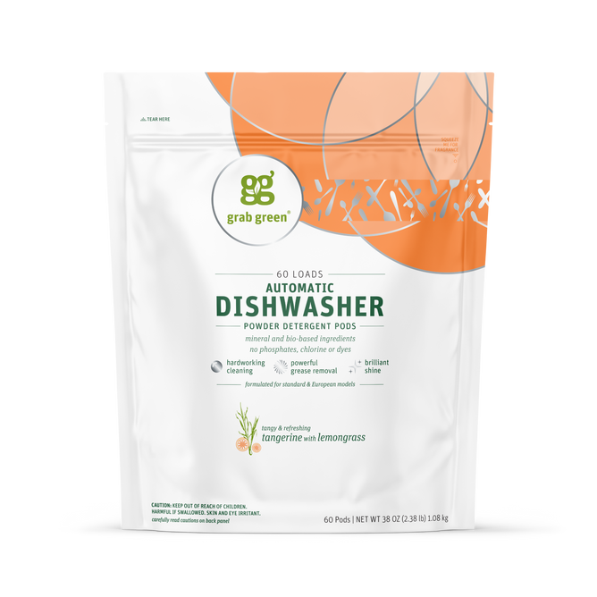 A white pouch of grab green Automatic Dishwasher Detergent Pods - Tangerine with Lemongrass, for 60 loads, with orange and green accents—cleans dishes spot-free and removes grease effectively.