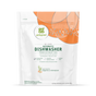 A white pouch of grab green Automatic Dishwasher Detergent Pods - Tangerine with Lemongrass, for 60 loads, with orange and green accents—cleans dishes spot-free and removes grease effectively.