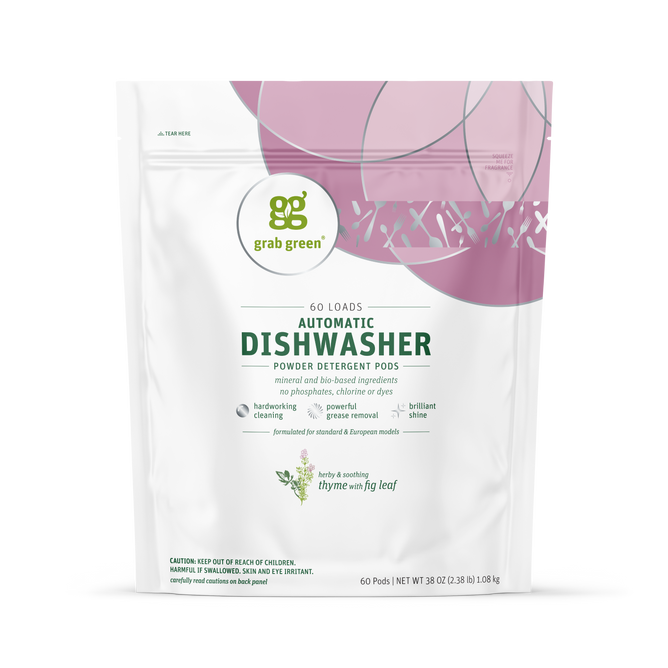 A white and pink pack of grab green Automatic Dishwasher Detergent Pods - Thyme with Fig Leaf cleans 60 loads, removes grease, delivers spot-free dishes, and comes in eco-friendly packaging.