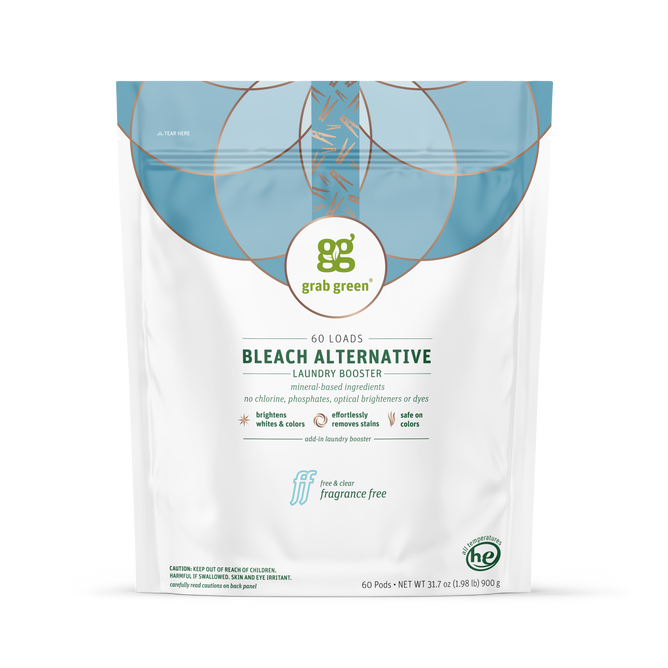 A white and teal resealable pouch labeled grab green Bleach Alternative Pods, featuring 60 loads, fragrance-free, and icons for brightening and whitening laundry with a chlorine-free bleach alternative.