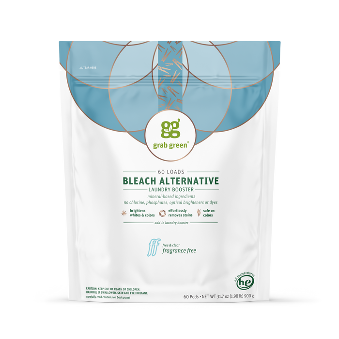 A white and teal resealable pouch labeled grab green Bleach Alternative Pods, featuring 60 loads, fragrance-free, and icons for brightening and whitening laundry with a chlorine-free bleach alternative.