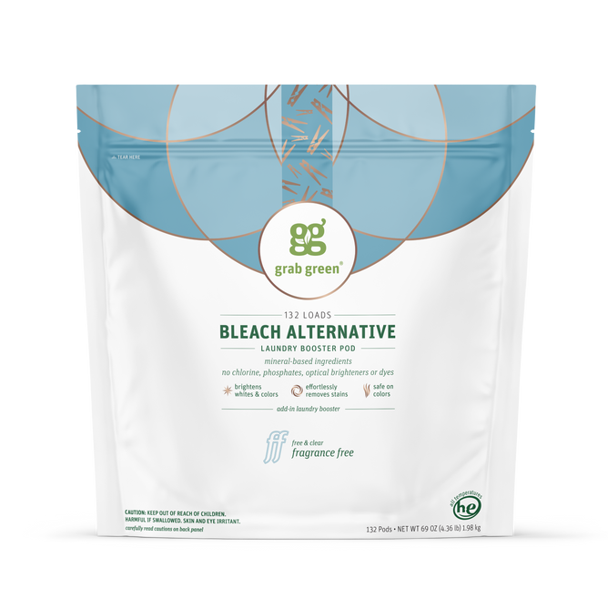 A resealable bag of grab green Bleach Alternative Pods, fragrance free, for 132 loads; made with plant-based ingredients, chlorine-free, and contains no phosphates or dyes.