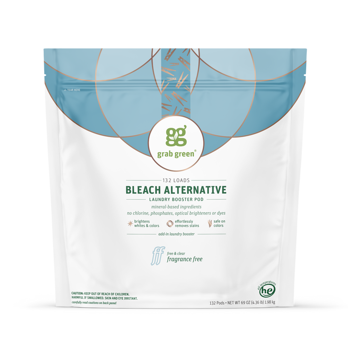 A resealable bag of grab green Bleach Alternative Pods, fragrance free, for 132 loads; made with plant-based ingredients, chlorine-free, and contains no phosphates or dyes.