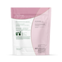 Back of a pink and white grab green Delicate Laundry Detergent Pods pouch, fragrance free, with directions, ingredients, warnings, and details for stain-fighting pods safe for sensitive fabrics. Icons and text are easy to read.