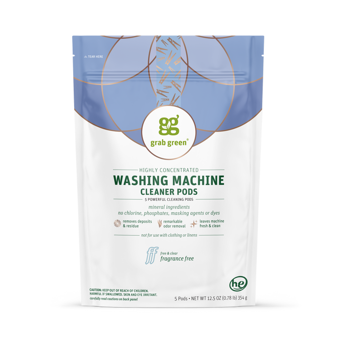 A white and blue pouch of grab green Washing Machine Cleaner Pods - Fragrance Free features five highly concentrated, bio-based pods for odor removal—free from chlorine, phosphates, masking agents, dyes, and fragrance.