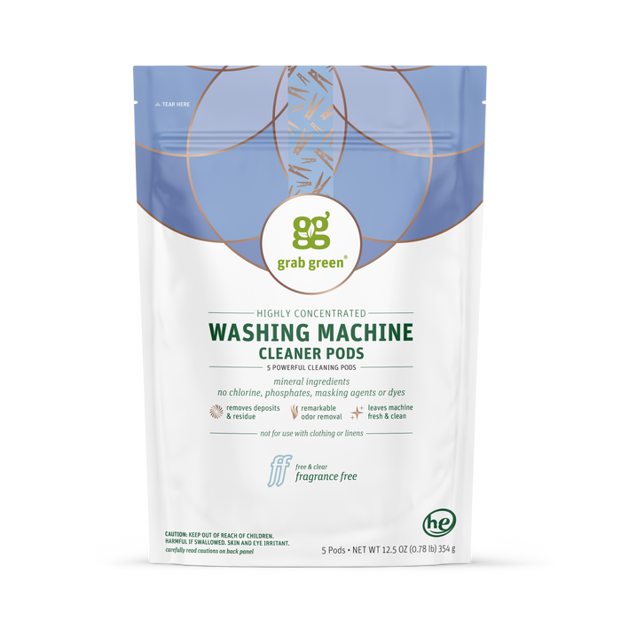 A white and blue pouch of grab green Washing Machine Cleaner Pods - Fragrance Free features five highly concentrated, bio-based pods for odor removal—free from chlorine, phosphates, masking agents, dyes, and fragrance.