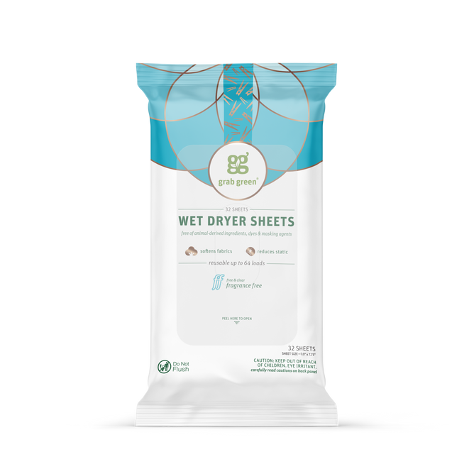 The grab green Wet Dryer Sheets - Fragrance Free come in a white and blue resealable package with 32 reusable sheets that soften fabric and prevent static.