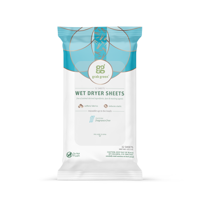 The grab green Wet Dryer Sheets - Fragrance Free come in a white and blue resealable package with 32 reusable sheets that soften fabric and prevent static.