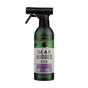 A dark green spray bottle labeled Gear Hugger Heavy Duty Degreaser, adorned with eco-friendly symbols and a cyclist graphic over a green landscape. This plant-based formula from Gear Hugger delivers powerful heavy-duty cleaning using non-toxic ingredients for an environmentally responsible clean.
