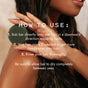 A woman with wet hair uses the Good Juju Body & Home Scalp Care Conditioner Bar, following directions to rub it onto her hair, reapply as needed, and rinse thoroughly for effective scalp care.