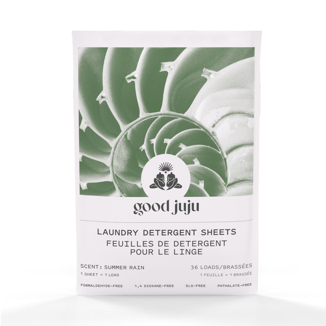 good juju laundry detergent sheets packaging with green leaf design on a white background