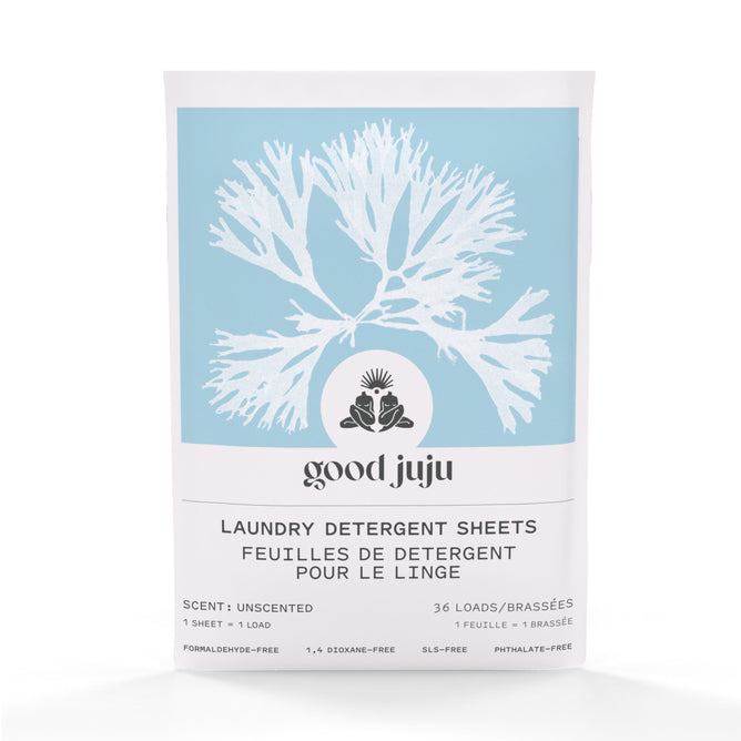 A package of Good Juju Body & Home Laundry Detergent Sheets, unscented for 36 loads, features a blue and white seaweed design and is formaldehyde-free, dioxane-free, SLS-free, and phthalate-free.