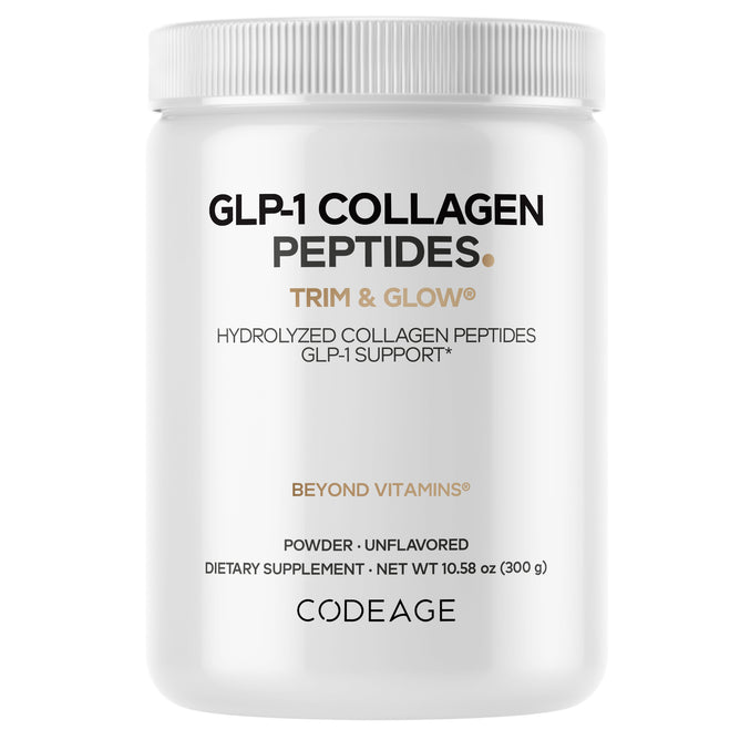 A white container labeled Codeage GLP-1 Collagen. Trim & Glow, hydrolyzed collagen powder with GLP-1 support from grass-fed bovine collagen. 300g unflavored dietary supplement.