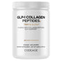 A white container labeled Codeage GLP-1 Collagen. Trim & Glow, hydrolyzed collagen powder with GLP-1 support from grass-fed bovine collagen. 300g unflavored dietary supplement.