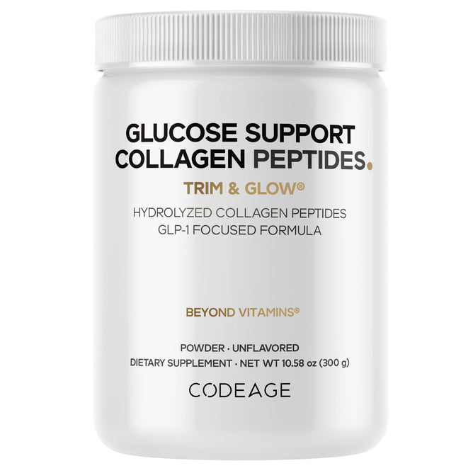 A white container labeled Glucose Support Collagen Peptides Powder from Codeage, featuring product details, branding, and supplement facts in black and gold text. The packaging highlights grass-fed hydrolyzed bovine collagen formulated to offer comprehensive glucose support.